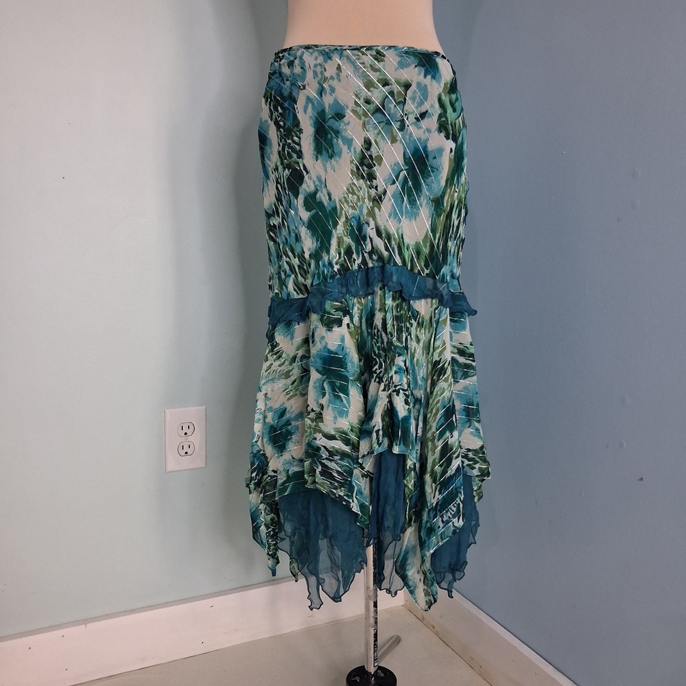 Majick Teal Green Floral Fairy Whimsigoth Handkerchief Hem Midi Skirt Metallic M